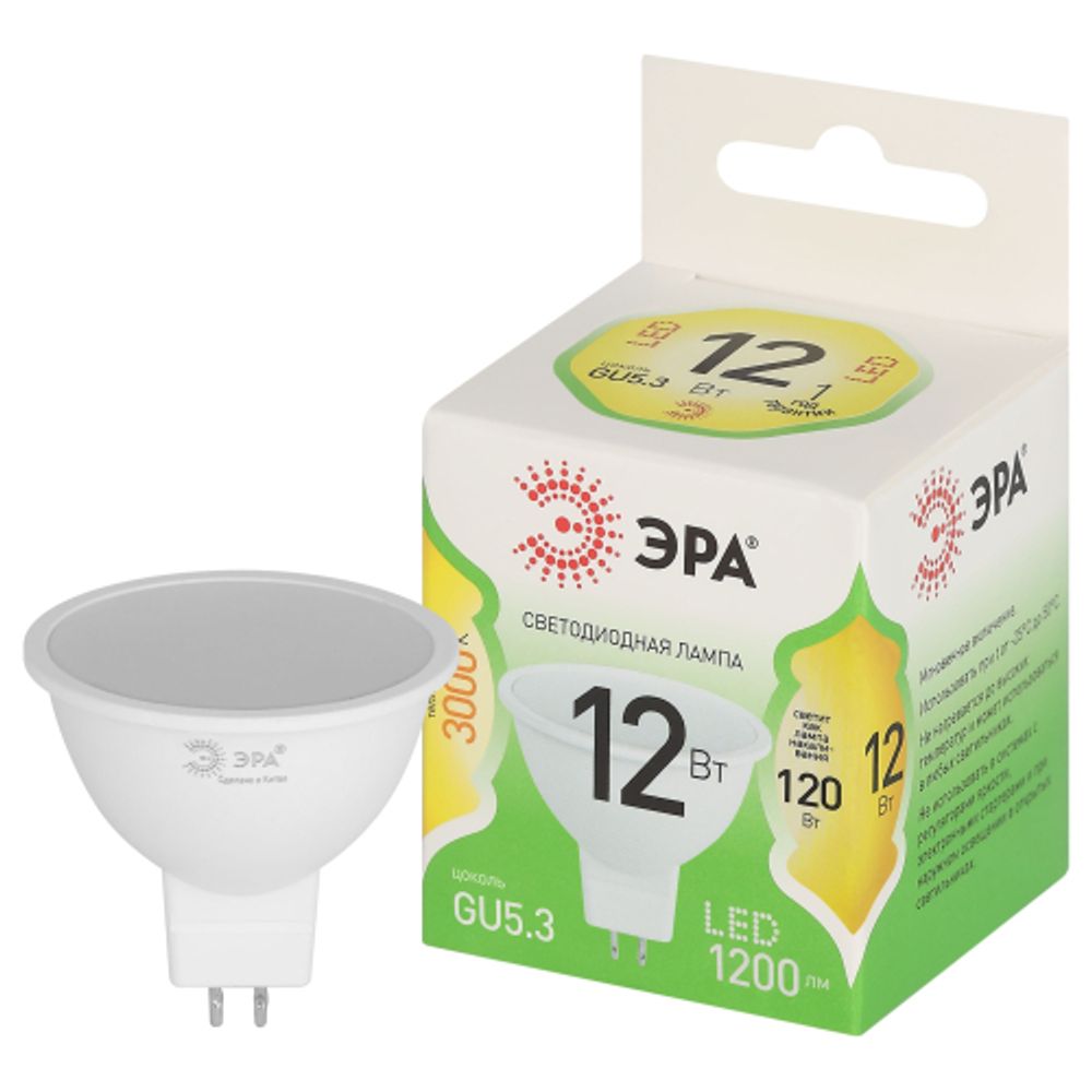 Лампочка светодиодная ЭРА GREEN LINE LED MR16-12W-830-GU10 GL GU10 12 Вт софит теплый свет | Лампы cветодиодные Точечные (Софиты) (MR, PAR)