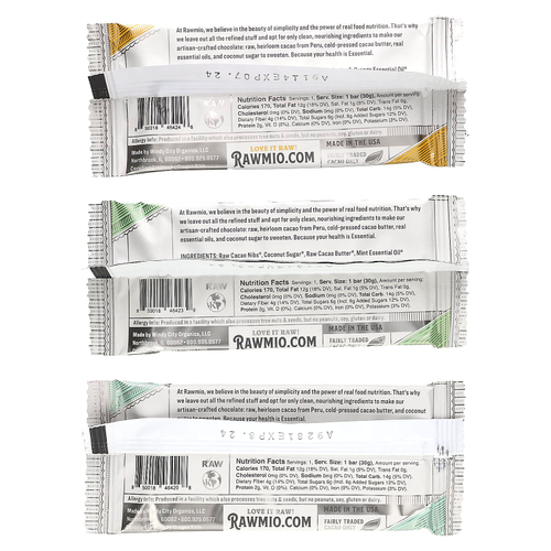 Rawmio, Essential Bar, органический необработанный шоколад, 70% какао, апельсин, перечная мята, оригинальный вкус, 3 батончика по 30 г (1,1 унции)