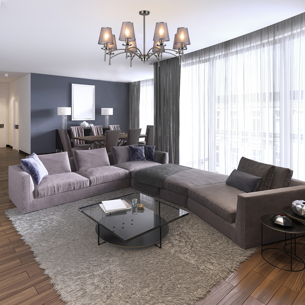 Светильник на штанге 8x40Вт E14, металл/ткань, никель/серый плафон