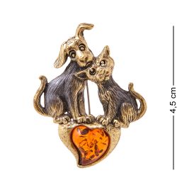 AM-3456 Брошь «Кот и Пес Друзья» (латунь, янтарь)