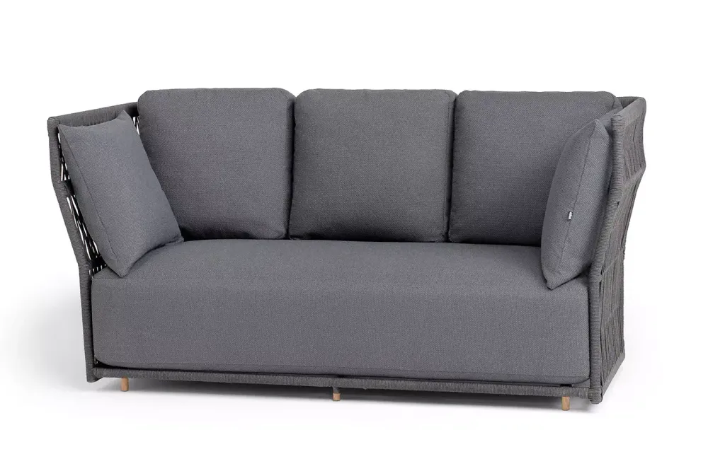 "Лугано" диван 3-местный плетеный из роупа, каркас алюминий темно-серый (RAL7024) муар, роуп темно-серый круглый, ткань темно-серая YB25-0027