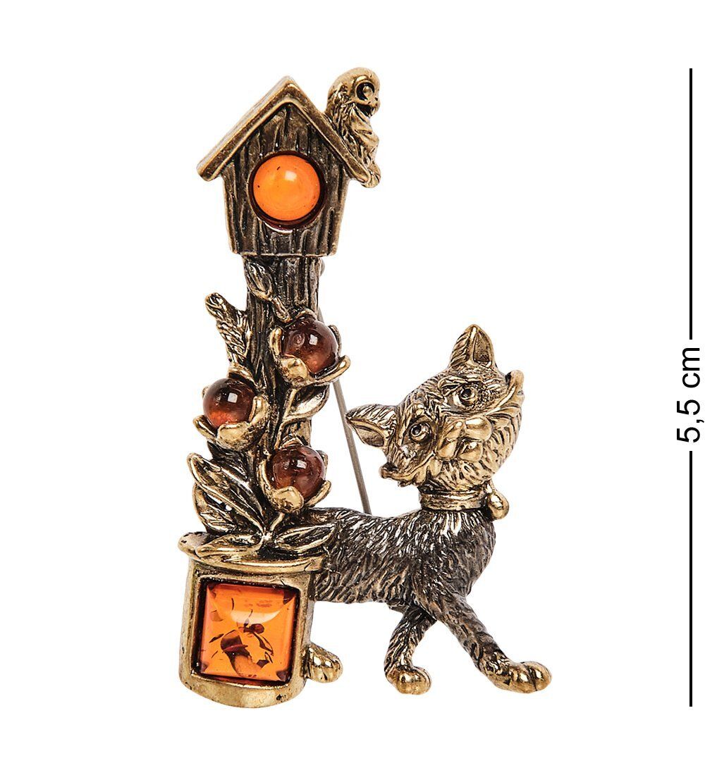 AM-2339 Брошь «Кот со Скворцом» (латунь, янтарь)