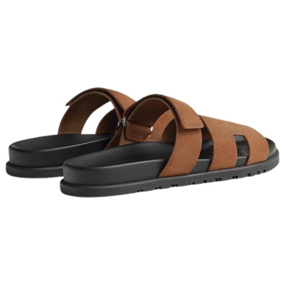 Hermes Chypre leather comfortable and fashionable one-word slippers men's brown, H222856Z HE5