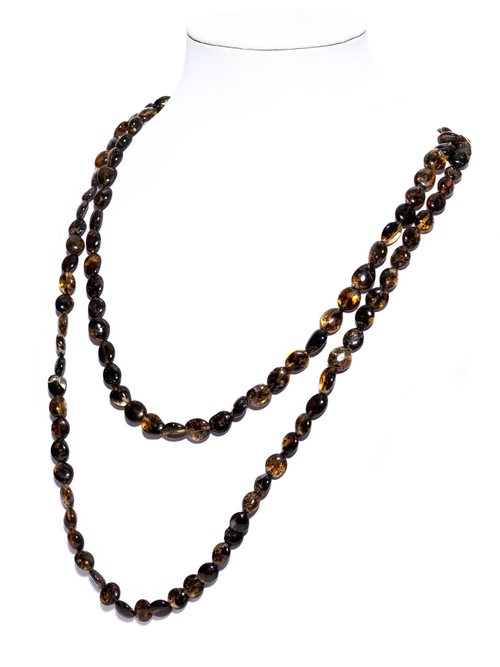 Длинные бусы из зеленого янтаря натуральные женские, длина 150 см.