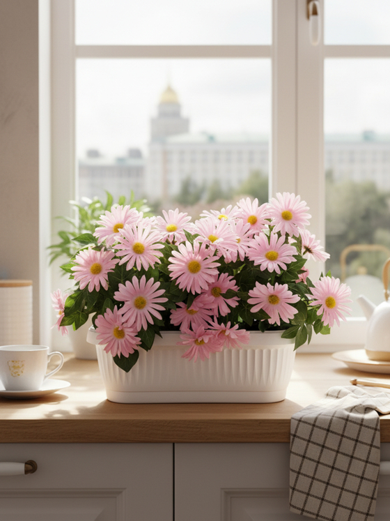 Хризантема розовая в балконном ящике