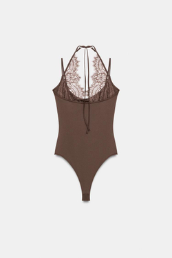 ZARA БОДИ ХАЛТЕР С КОМБИНИРОВАННЫМ КРУЖЕВОМ, ШОКОЛАДНЫЙ