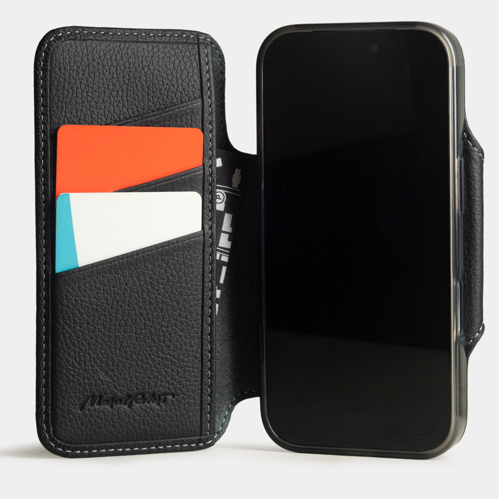 Чехол-книжка для iPhone 17 Pro с картхолдером из кожи теленка, черного цвета