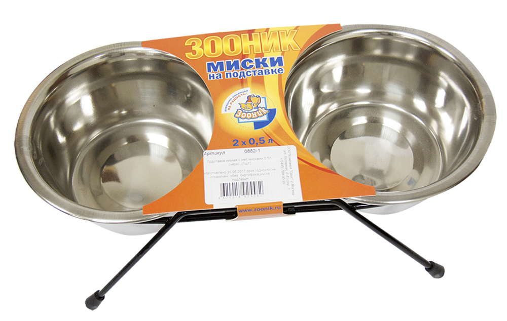 ZOONIK Подставка низкая с металлическими мисками 2*0,5 л, черная