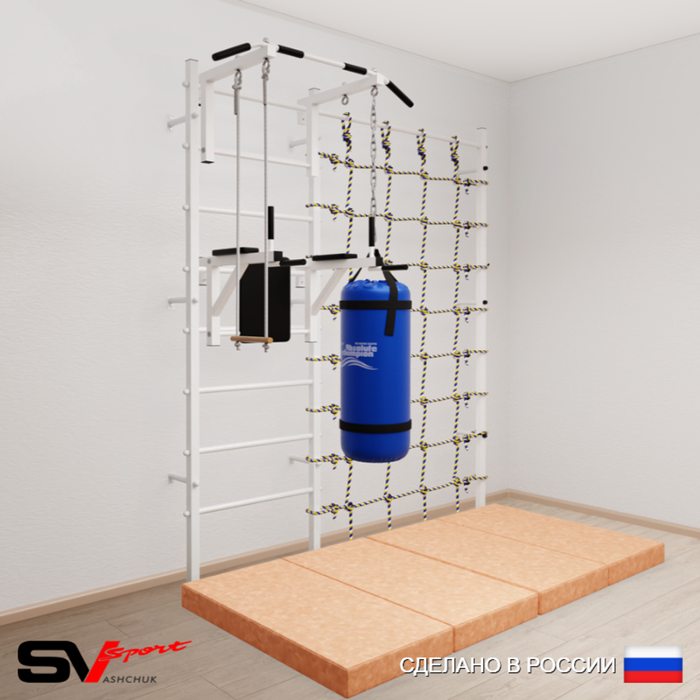 Шведская стенка Sv Sport 57370 (Турник стандарт/Брусья/Трапеция/Цепь/Мешок 30кг/Мат 2м/Канатный лаз)