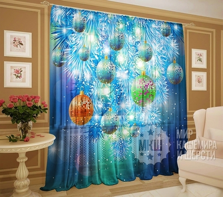 Фототюль 3d: Шары желаний (арт. L20-0672)  -  (145х270)х2 см. Новогодняя тематика 2019 года