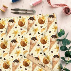 Ткань блэкаут ванильное мороженое и кокосы на жёлтом фоне