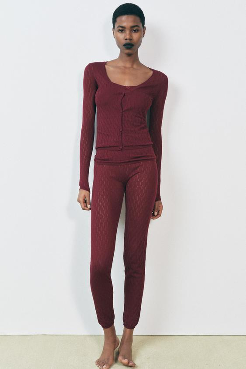 ZARA АЖУРНЫЙ ТРИКОТАЖНЫЙ КАРДИГАН, ГРАНАТОВЫЙ