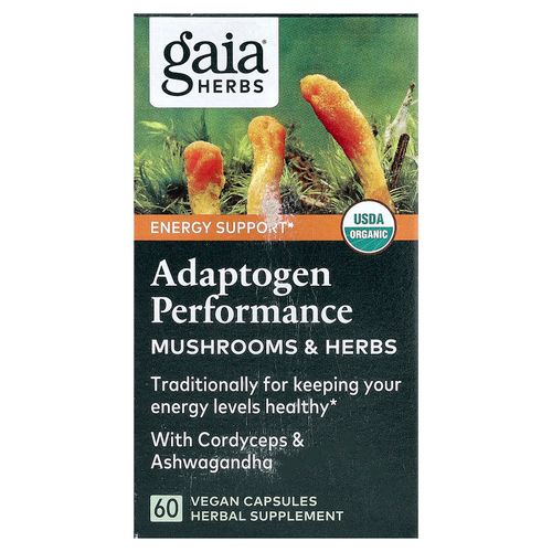 Gaia Herbs, Adaptogen Performance, грибы и травы, 60 веганских капсул