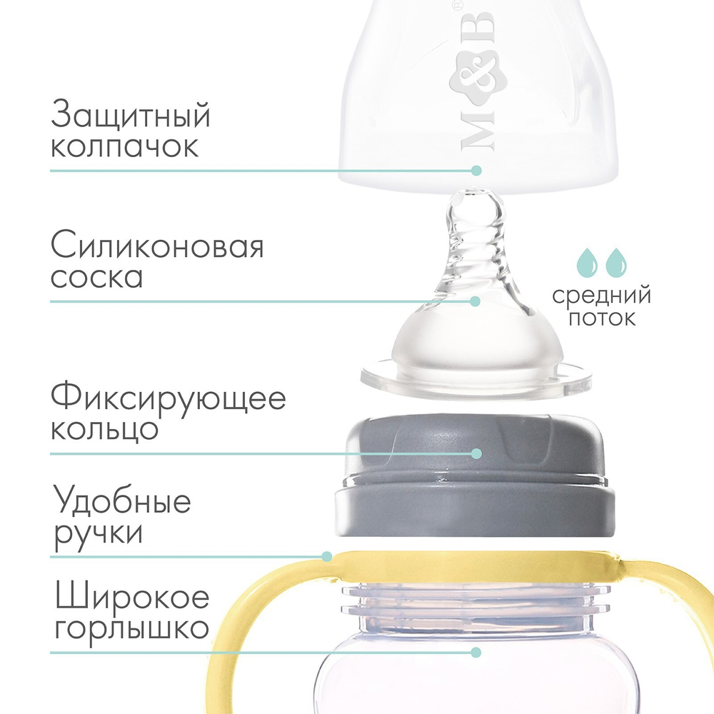 Бутылочка для кормления, широкое горло, 270 мл, с ручками, бежевый/серый 9269323