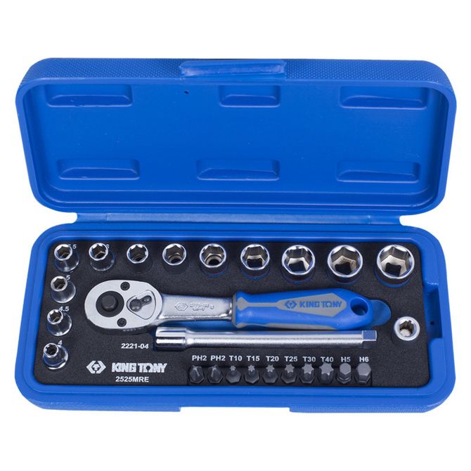 KING TONY (2525MRE) Набор торцевых головок с принадлежностями 1/4", 6-гранные, 4-13 мм, 25 предметов