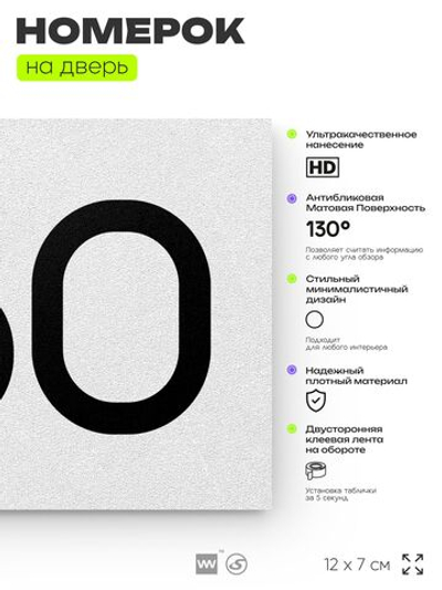 Номер на дверь 750, табличка на дверь для офиса, квартиры, кабинета, аудитории, склада, белая 120х70 мм, Айдентика Технолоджи
