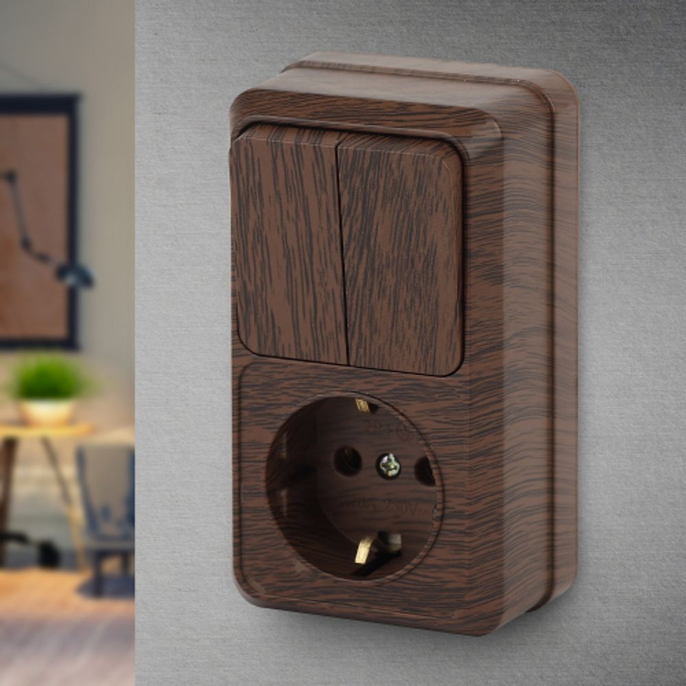 Блок розетка с выключателем Intro Quadro 2-706-10 двойным вертикальный 10А-250В, IP20, ОУ, венге