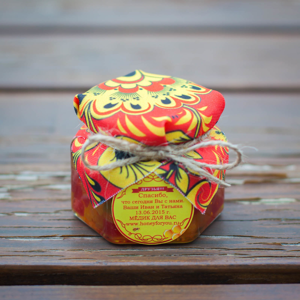 Бонбоньерка с медом на свадьбу, 140 грамм, стиль "Хохлома"