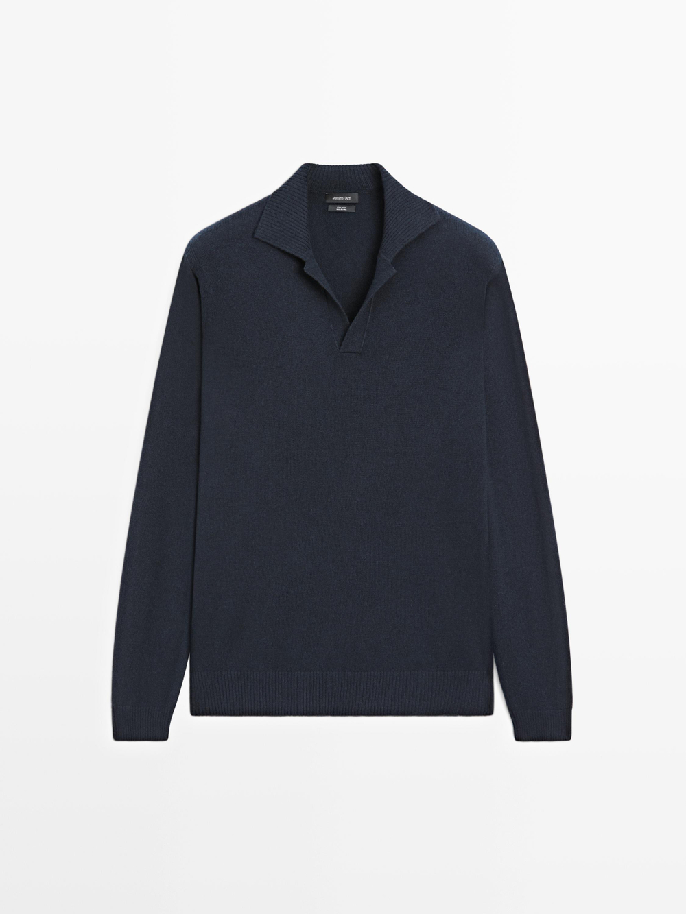 Massimo Dutti Трикотажный свитер поло из 100% шерсти с V-образным вырезом, темно-синий