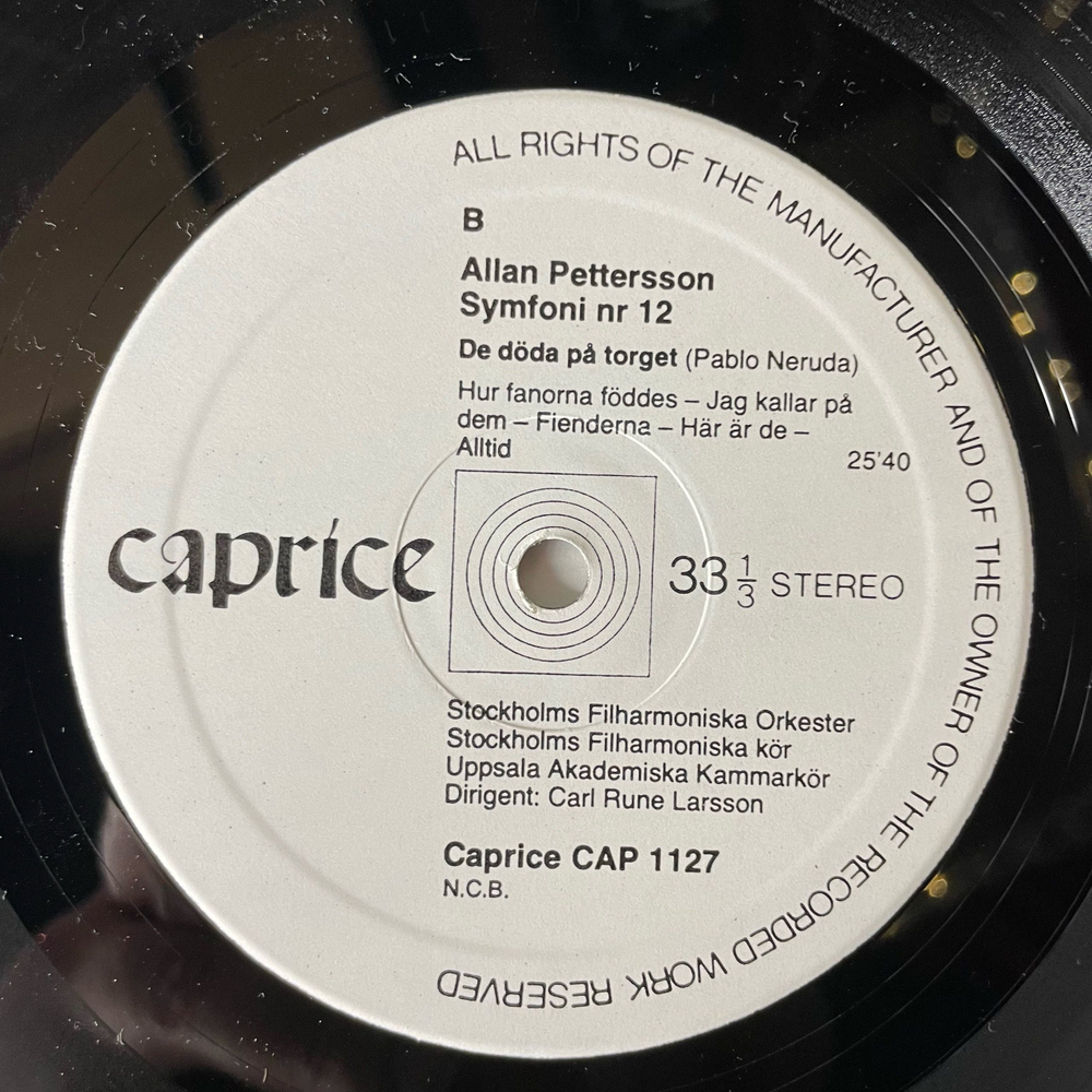 Винтажная виниловая пластинка LP Allan Pettersson, Stockholms Filharmoniska Kor Och Orkester, Uppsala Akademiska Kammarkor, Dir. Carl Rune Larsson, Symfoni Nr 12 De Doda Pa Torget (Швеция 1978)