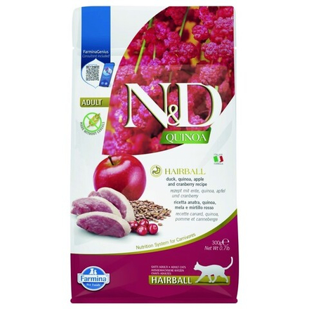 Сухой корм FARMINA N&D GF Quinoa Hairball для выведение комков шерсти с уткой, киноа, яблоком и клюквой - 0,3 кг