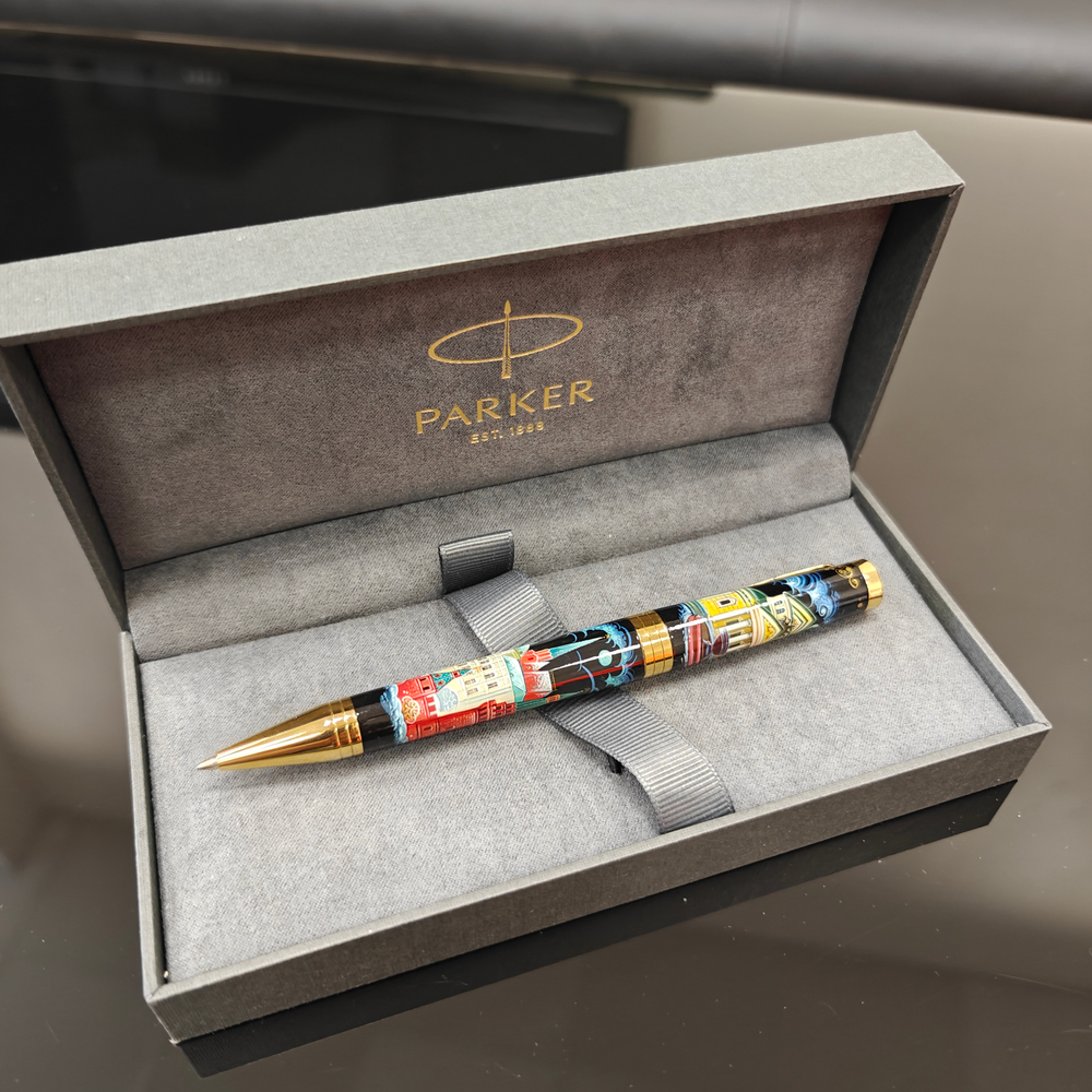 Коллекционная шариковая ручка Parker "Ingenuity Black GT" с поворотным механизмом "Москва" с ручной росписью в коробке