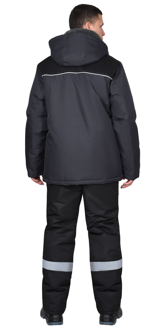 Куртка СИРИУС-МАСТЕР-М зимняя, муж. с мех. воротником и капюшоном, тёмно-серая с черым и СВ кантом