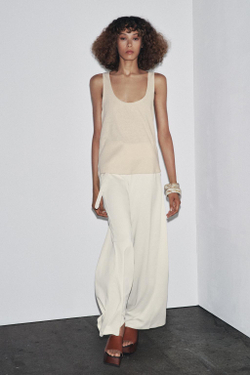 ZARA ТОП НА БРЕТЕЛЯХ ИЗ СМЕСИ ЛЬНА И ХЛОПКА, ПЕСОЧНЫЙ