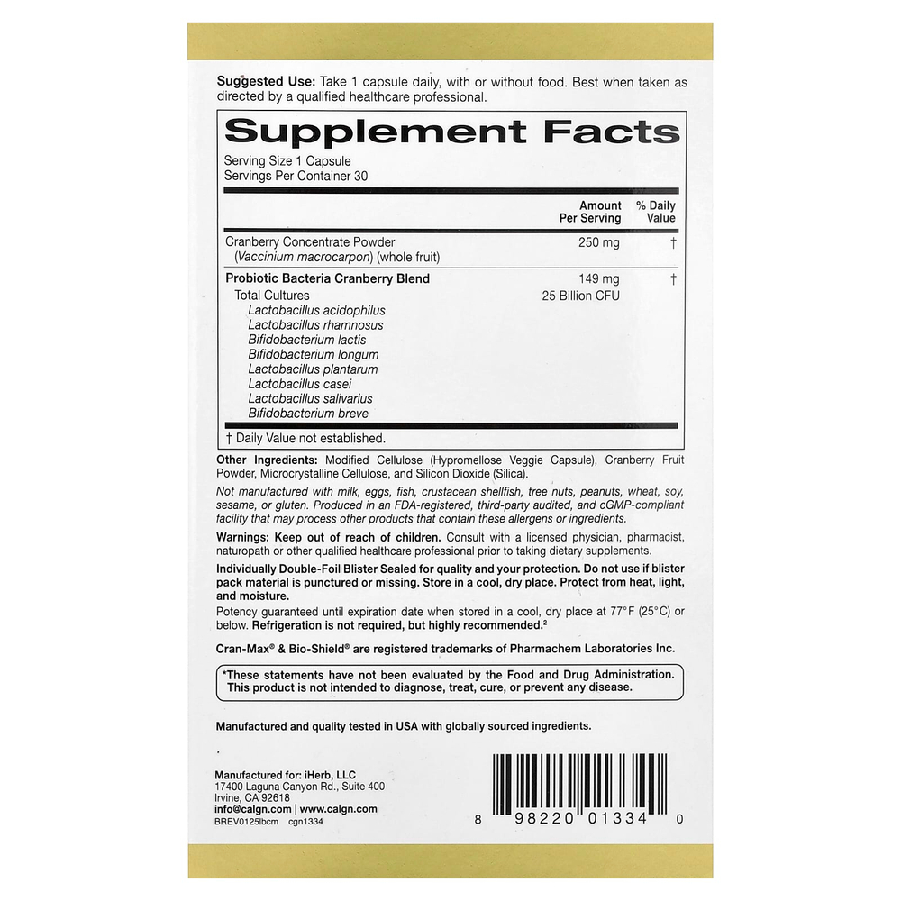 California Gold Nutrition, CranMax®, LactoBif®, пробиотики, 25 млрд КОЕ, 30 растительных капсул