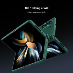 Чехол темно-зеленого цвета на Samsung Galaxy Z Fold 5 от Nillkin, серия Super Frosted Shield Fold, в комплекте со съемным держателем для S Pen
