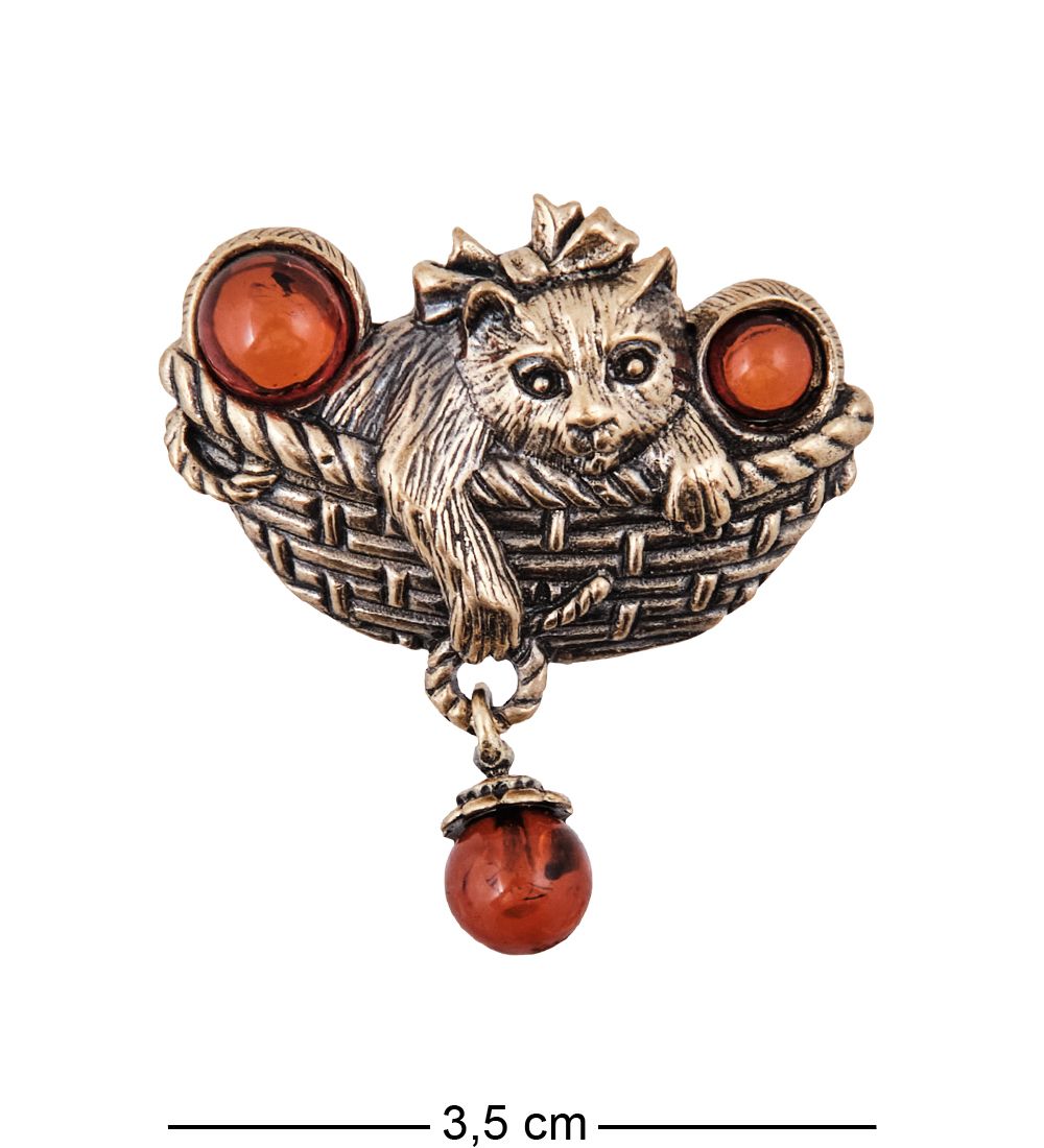 AM-3977 Брошь «Котенок Сюрприз» (латунь, янтарь)