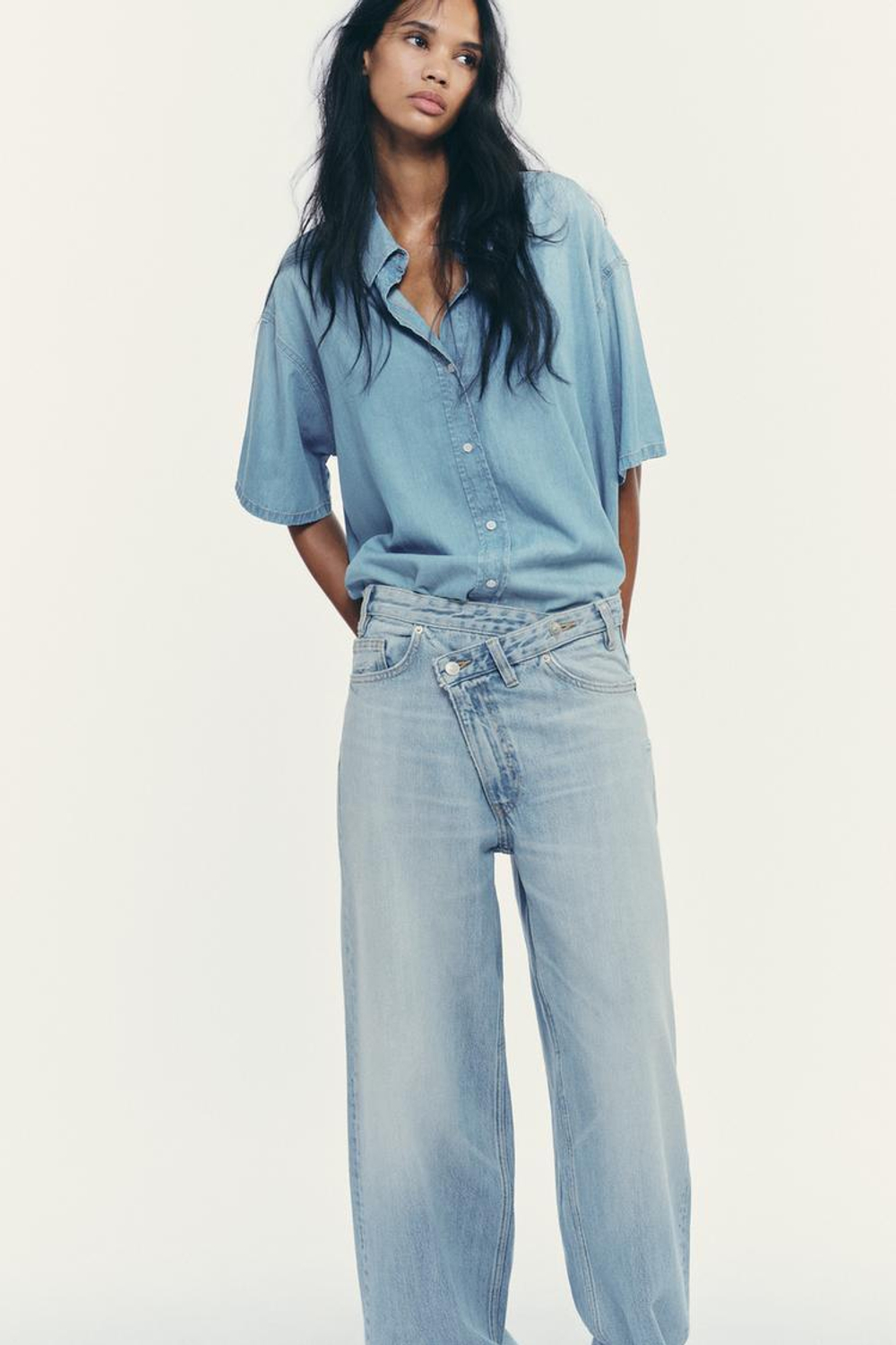 ZARA УКОРОЧЕННАЯ ДЖИНСОВАЯ РУБАШКА TRF, ГОЛУБОЙ