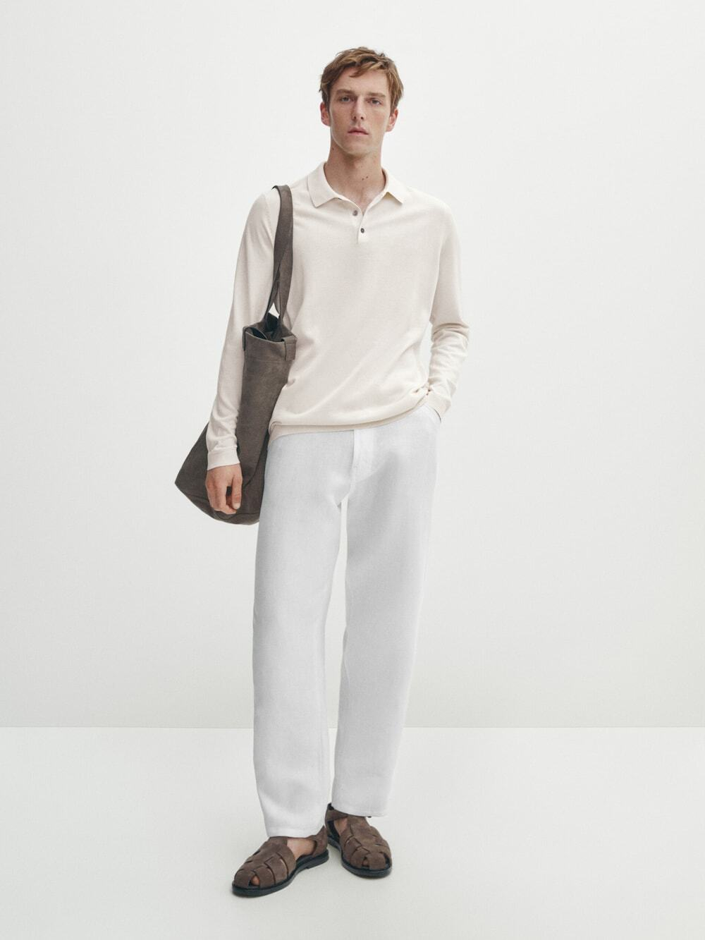 Massimo Dutti Свитер с воротником поло, натуральный, кремовый