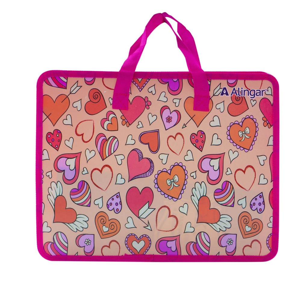 Папка с ручками 1 отделение, А4 265х335х90мм, Alingar, пластик, ручки тесьма, дизайн с двух сторон, молния сверху, "Сердечки-стикеры"