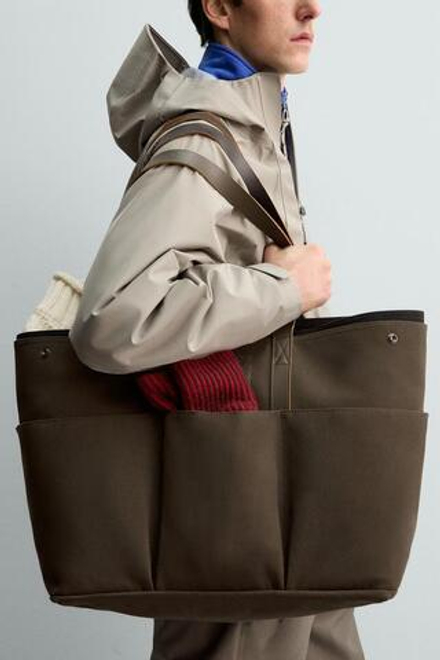 ZARA X AARON LEVINE ШОПЕР С КОЖАНЫМИ ДЕТАЛЯМИ, ЗЕЛЕНЫЙ ХАКИ