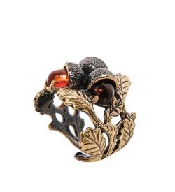 AM-2521 Кольцо «Желуди трио» (латунь, янтарь)