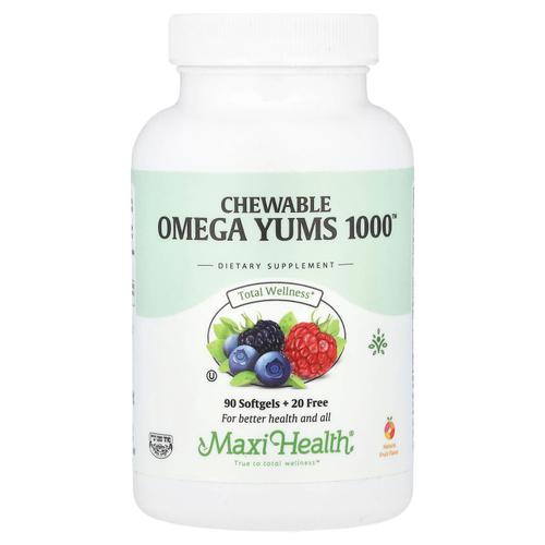 Maxi Health, Жевательные таблетки Omega Yums 1000 ™, натуральные фрукты, 110 мягких таблеток