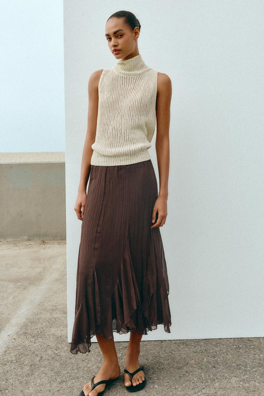 ZARA ЮБКА МИДИ С ВОЛАНАМИ И КРУЖЕВОМ, КОРИЧНЕВЫЙ