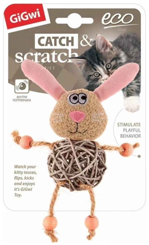 GIGWI Игрушка для кошек заяц с плетеным мячиком с колокольчиком
