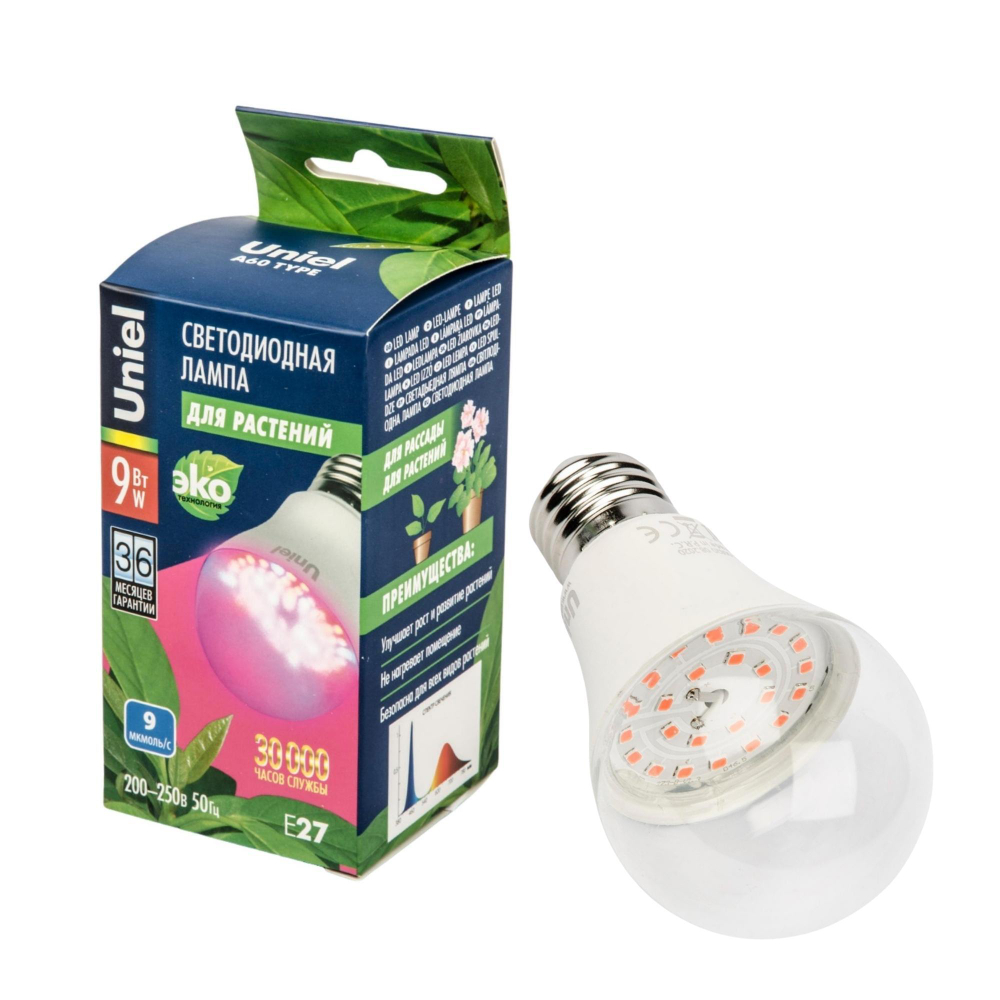 LED-A60-9W/SP/E27/CL ALM01WH Лампа светодиодная для растений. Форма "A", прозрачная колба. Материал корпуса пластик. Упаковка картон. TM Uniel