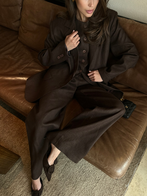 Брюки изо льна на заниженной талии шоколадные