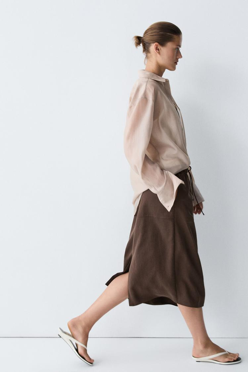 Massimo Dutti Струящаяся юбка миди на шнуровке, коричневый