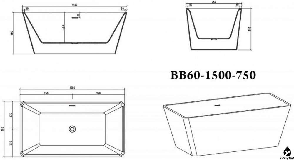 ВАННА АКРИЛОВАЯ ОТДЕЛЬНОСТОЯЩАЯ 1500*750 BELBAGNO BB60