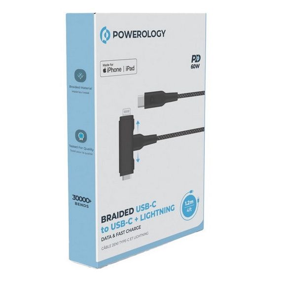 Кабель Powerology USB-C to USB-C + Lightning PD60W (PCAB007BK) Black