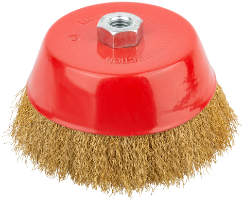 Корщетка чашечная, гайка М14, стальная латунированная волнистая проволока 150 мм 39040