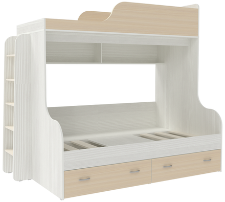 Двухъярусная кровать КарИВи Дуэт-15 с деревянной лестницей Белое Дерево  Дуб Молочный