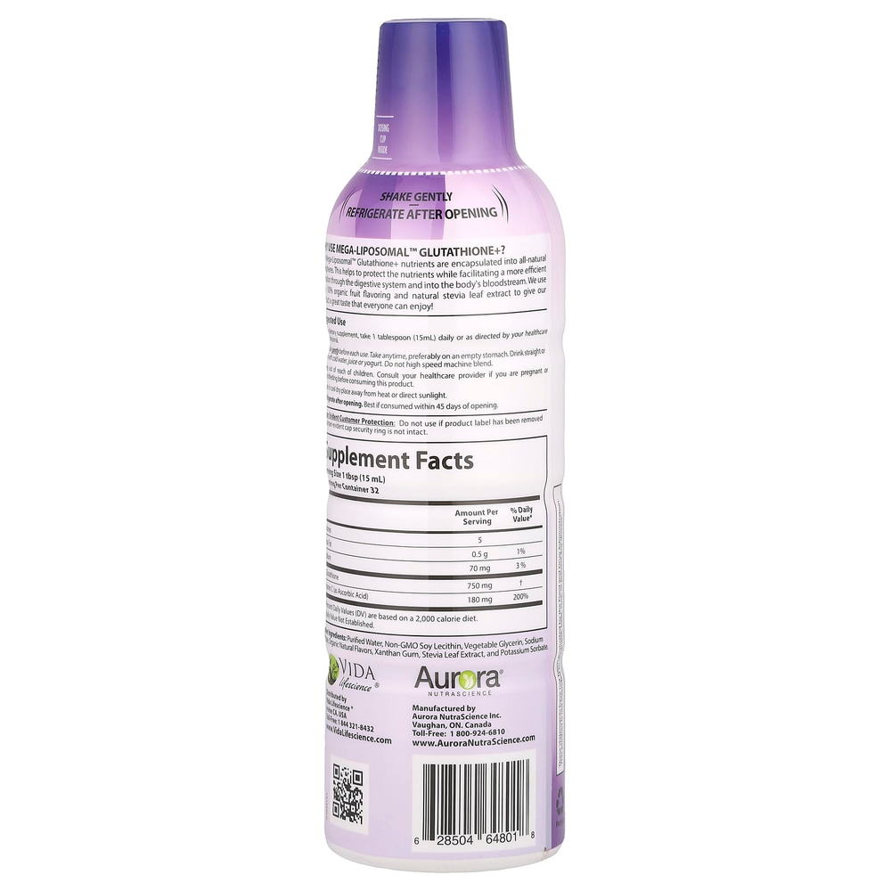 Aurora Nutrascience, Mega-Liposomal™ Glutathione+, глутатион с витамином C, вкус органических фруктов, 750 мг, 480 мл (16 жидк. унций)
