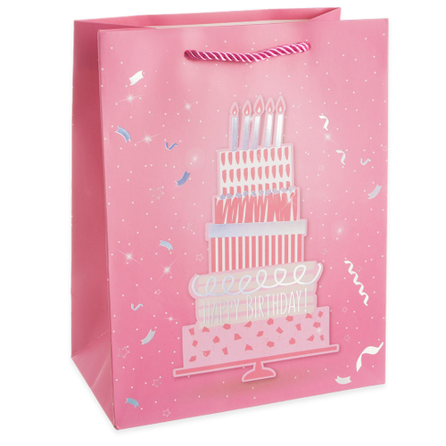 Пакет подарочный, Блестящий День Рождения, Дизайн №4, Розовый, Металлик, 32*26*12 см, 1 шт.