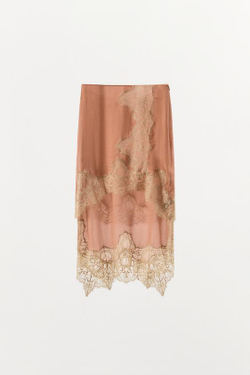 ZARA ЮБКА ИЗ ЖОРЖЕТА С КОНТРАСТНЫМ КРУЖЕВОМ, РОЗОВЫЙ