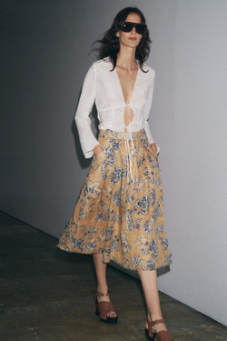 ZARA ЮБКА С ЦВЕТОЧНЫМ ПРИНТОМ ИЗ РАМИ — ZW COLLECTION, СЛОНОВАЯ КОСТЬ